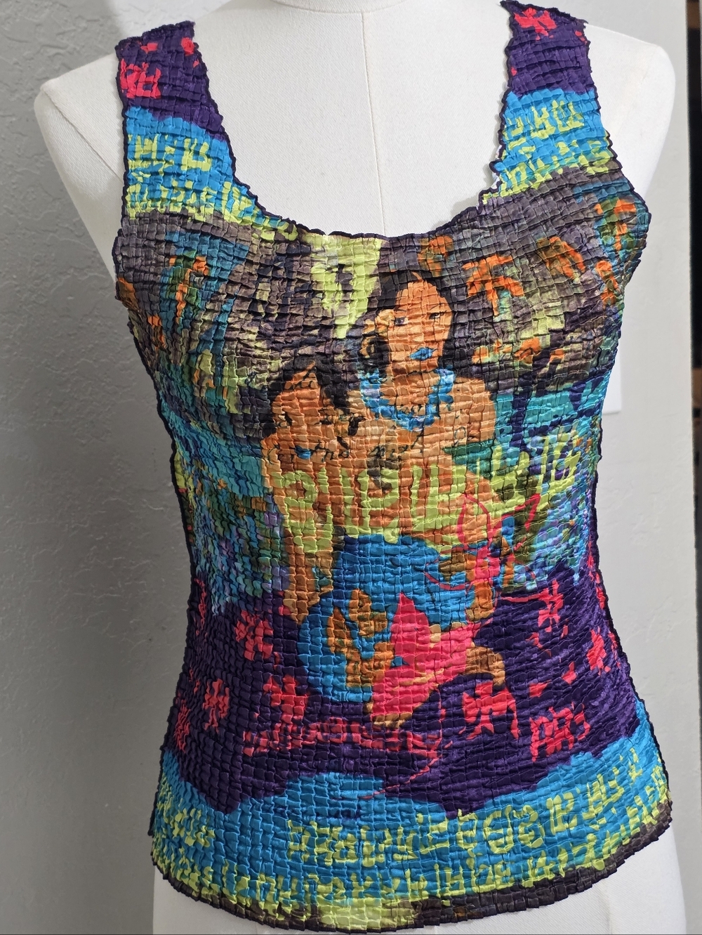 Vintage 90s Popcorn Top Gauguin Art Print Crinkle Stretch Tank Y2K Rare M - Picture 10 of 13